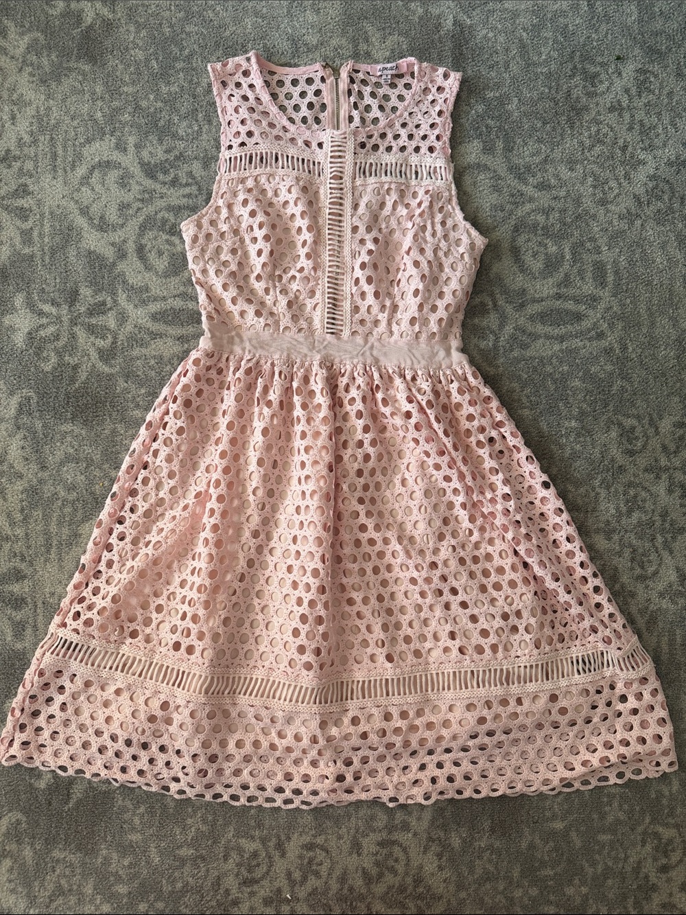 Sleeveless Pink Eyelet Midi Dress with Lace Trim